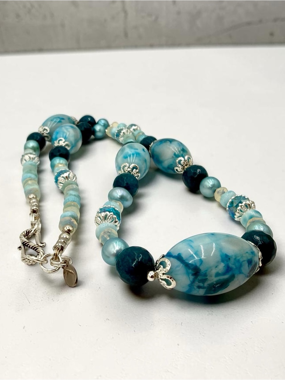 Artisan Murano Style Glass Larimar Apatite Opal Pearl Necklace 22” Ocean Blue - Picture 10 of 17
